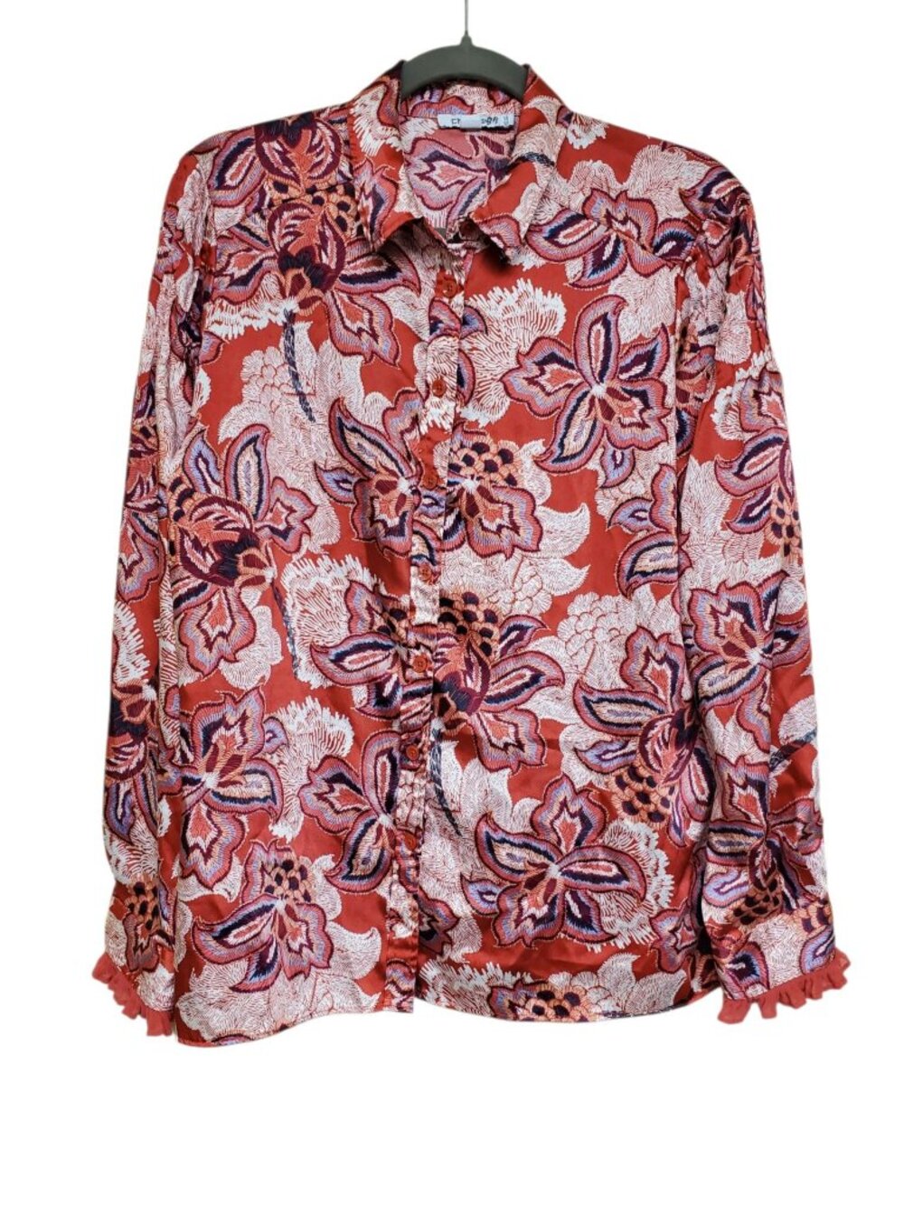 Chico's Red White Boho Moroccan Print Satin Feel Button Up Shirt Size 1.5 (10)
